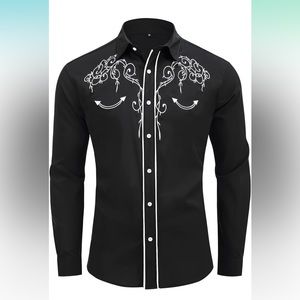 Men's Western Cowboy Shirt Embroidered Long Sleeve Slim Fit M